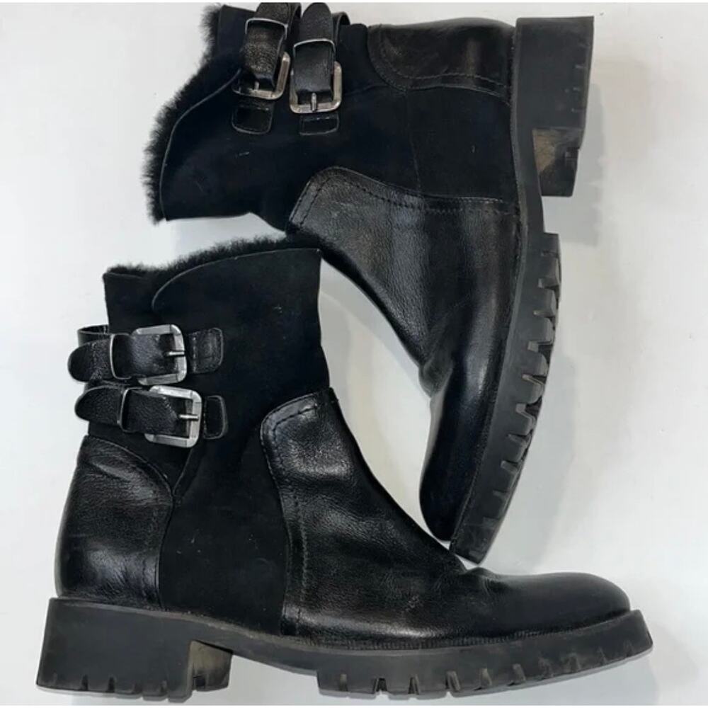 Napoleoni Designer Leather Shearling Lined Moto Combat Biker Boots 38 Black 7.5
